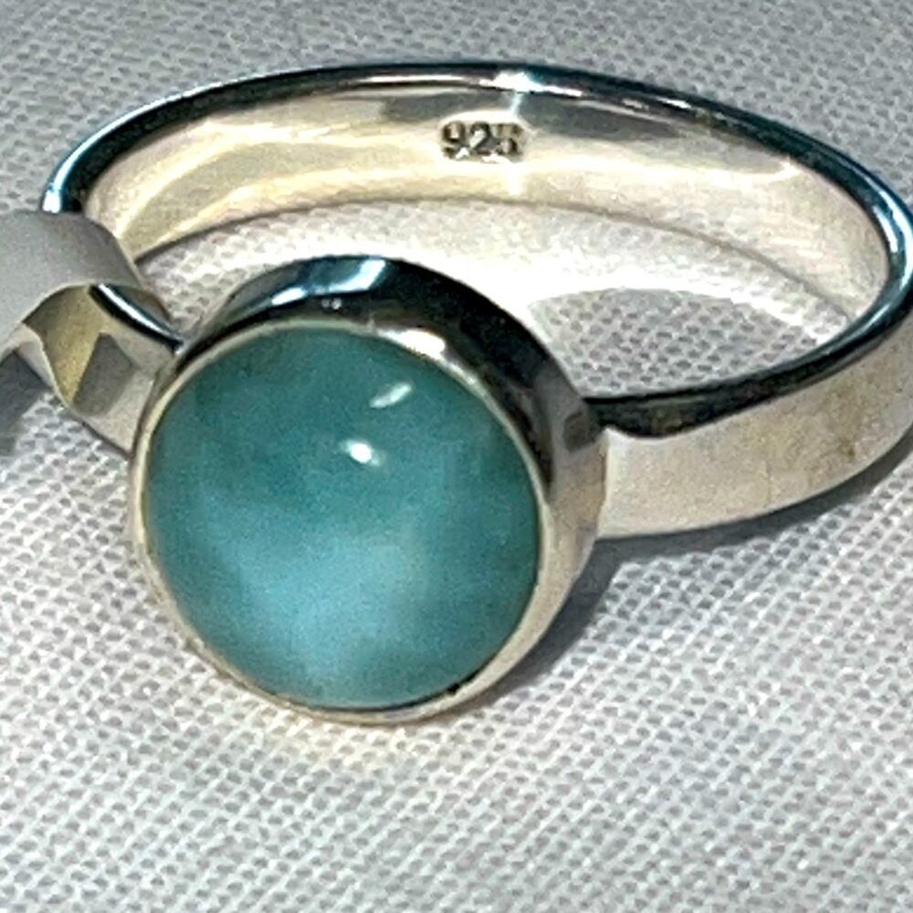Blue Larimar Genuine Round Stone Handcrafted Sterling Silver Size 9.5 Ring
